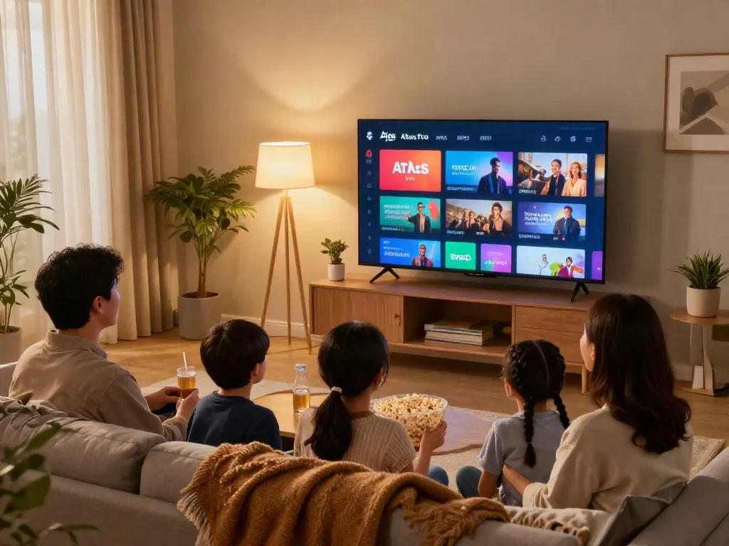 Famille profitant de l'application atlas pro ONTV lors d'une soirée cinéma, ambiance chaleureuse à domicile.