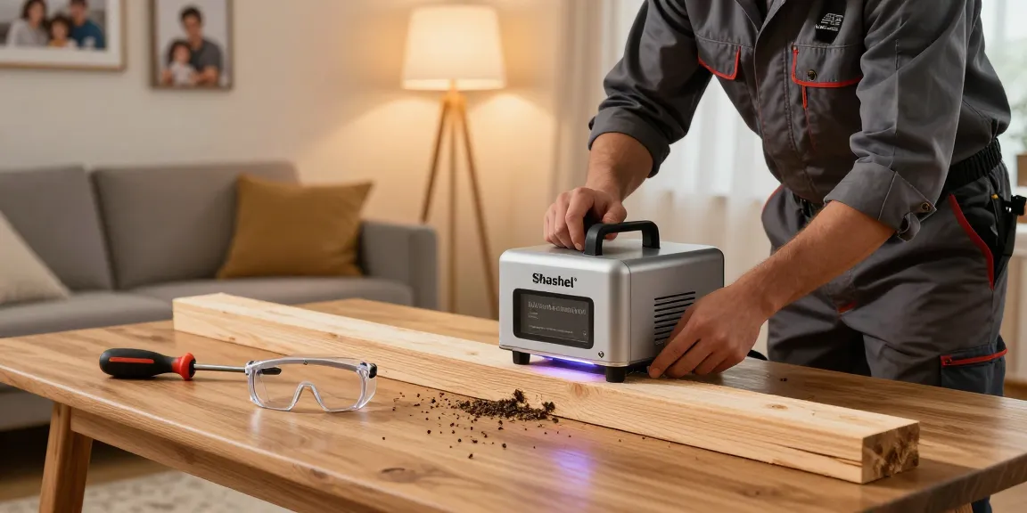 Traitement anti-insectes Shashel® dans un salon chaleureux avec un professionnel utilisant un dispositif de micro-ondes.