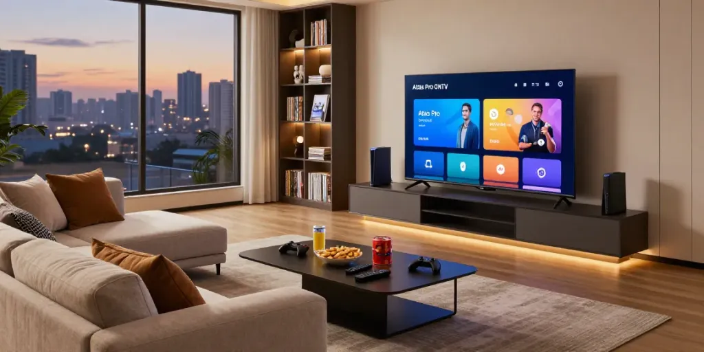 Salon moderne avec application Atlas Pro ONTV sur TV, ambiance cozy.