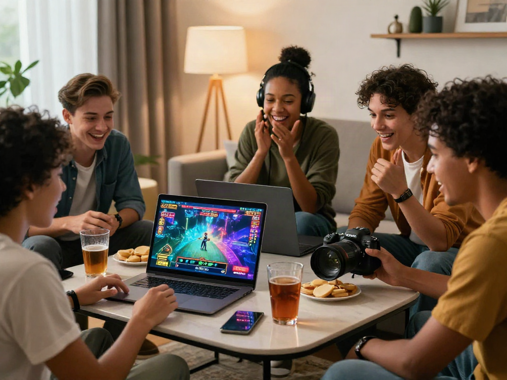 Groupe d'amis jouant ensemble sur le meilleur casino en ligne France dans un cadre chaleureux avec jeux animés.