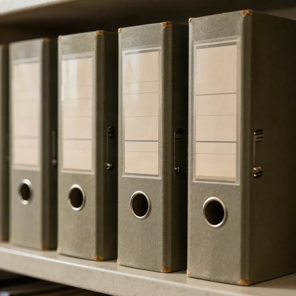 Gros plan de classeurs d’archives et intercalaires rangés, sur une étagère en pierre.