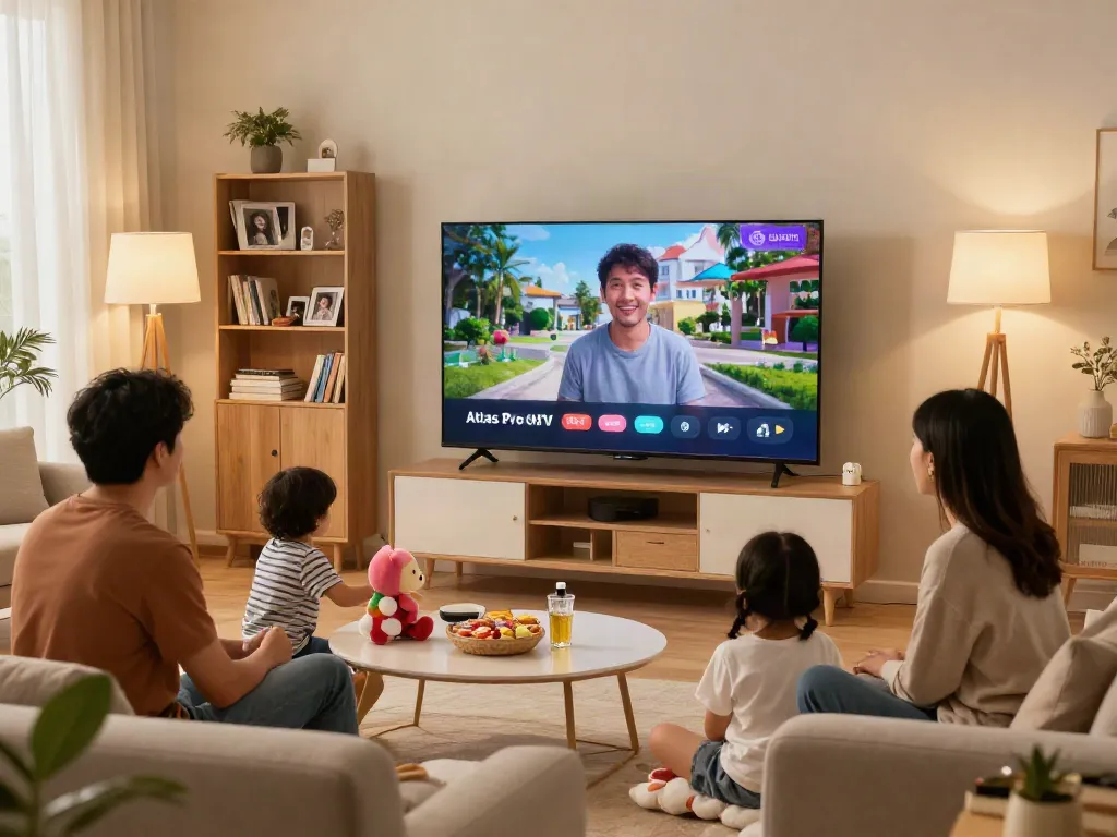 Famille profitant d'Atlas Pro ONTV dans un salon moderne et convivial.