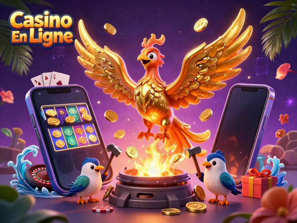 Jouer à Casino En Ligne avec un phœnix doré, des jeux de machines à sous et des pièces d'or.